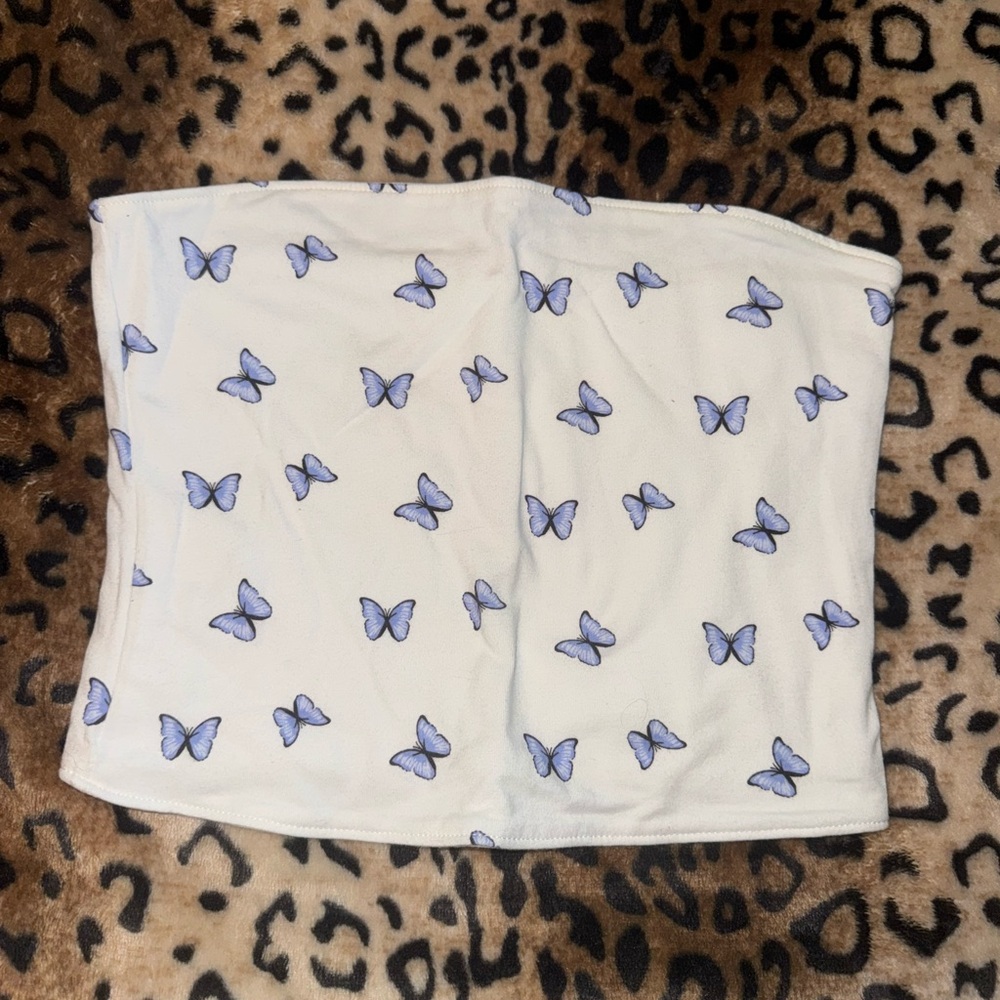 Irreversible White Tube Top with Blue Butterfly Print